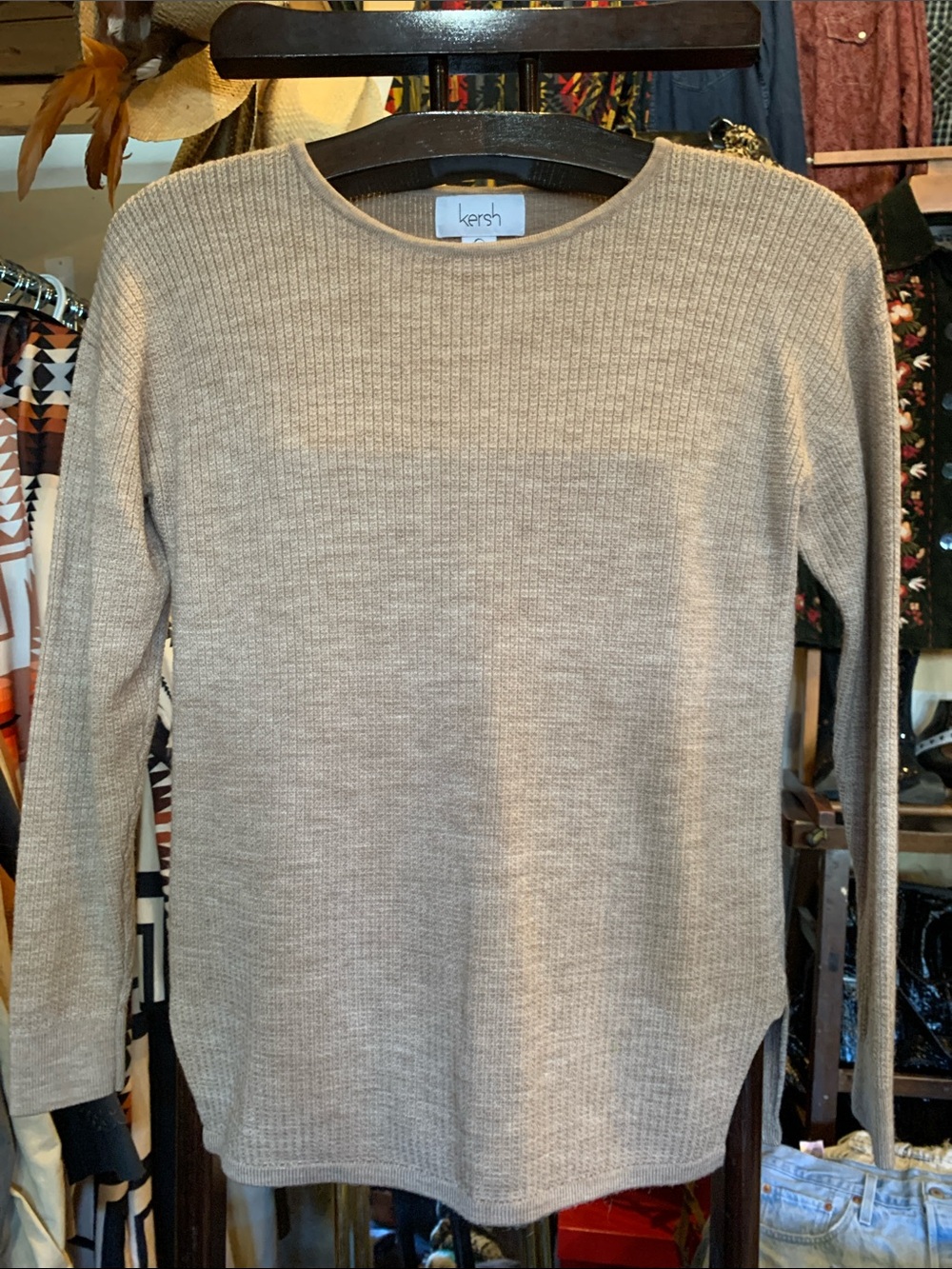 Kersh Taupe Ribbed Crewneck Sweater